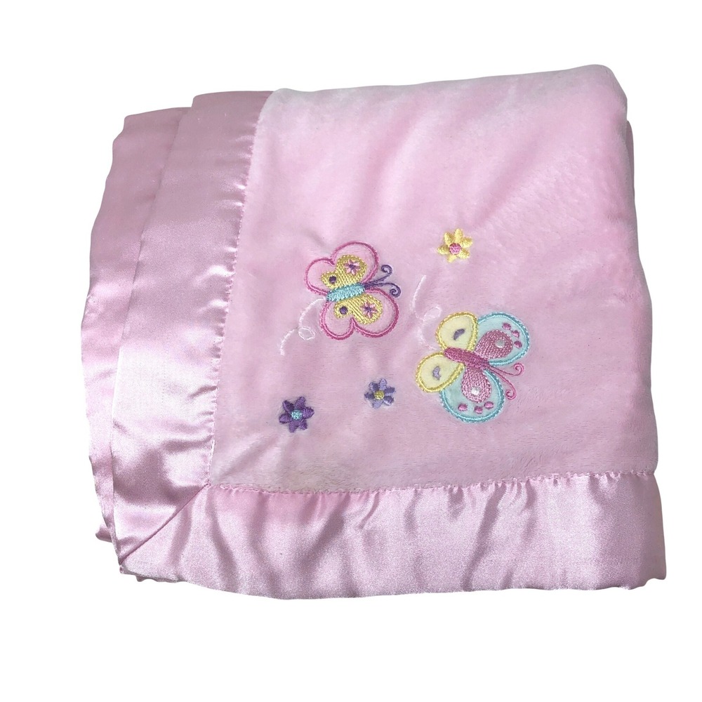 Circo Pink Butterfly Baby Blanket Embroidered Satin Trim Fleece Lovey 30x40"